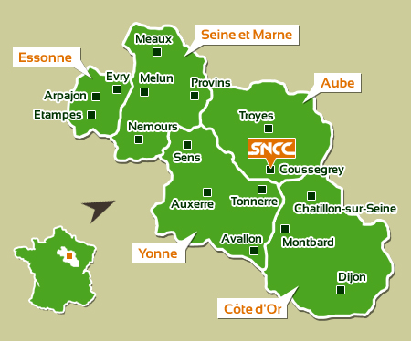 Carte zone de livraison des matériaux, granulats, graves, sables, Aube, Seine-et-marne, Yonne, Essonne, Cote d'Or